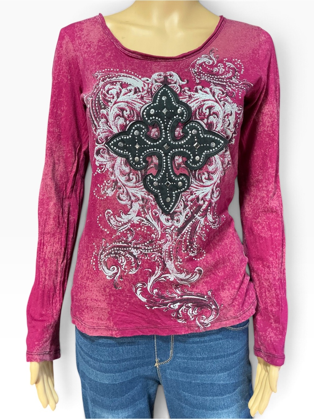Maurices Magenta Long Sleeve Cross Applique Top